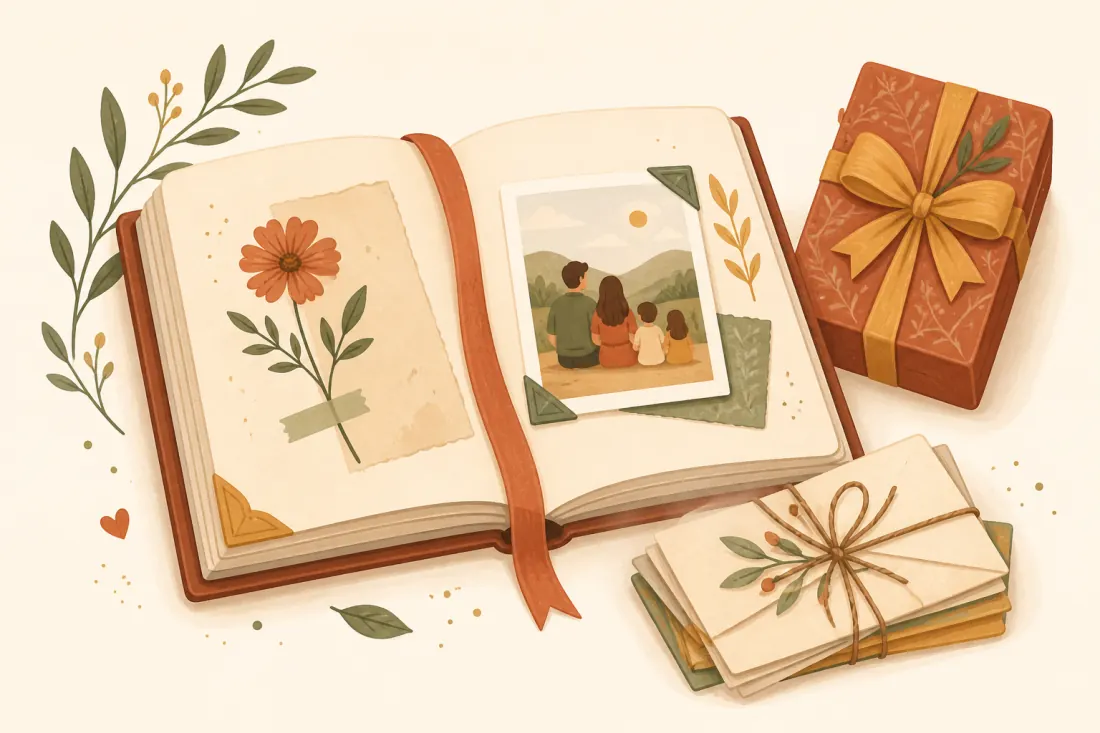 An open keepsake memory book with a pressed flower, a family photo, a small stack of tied letters, and a wrapped gift.